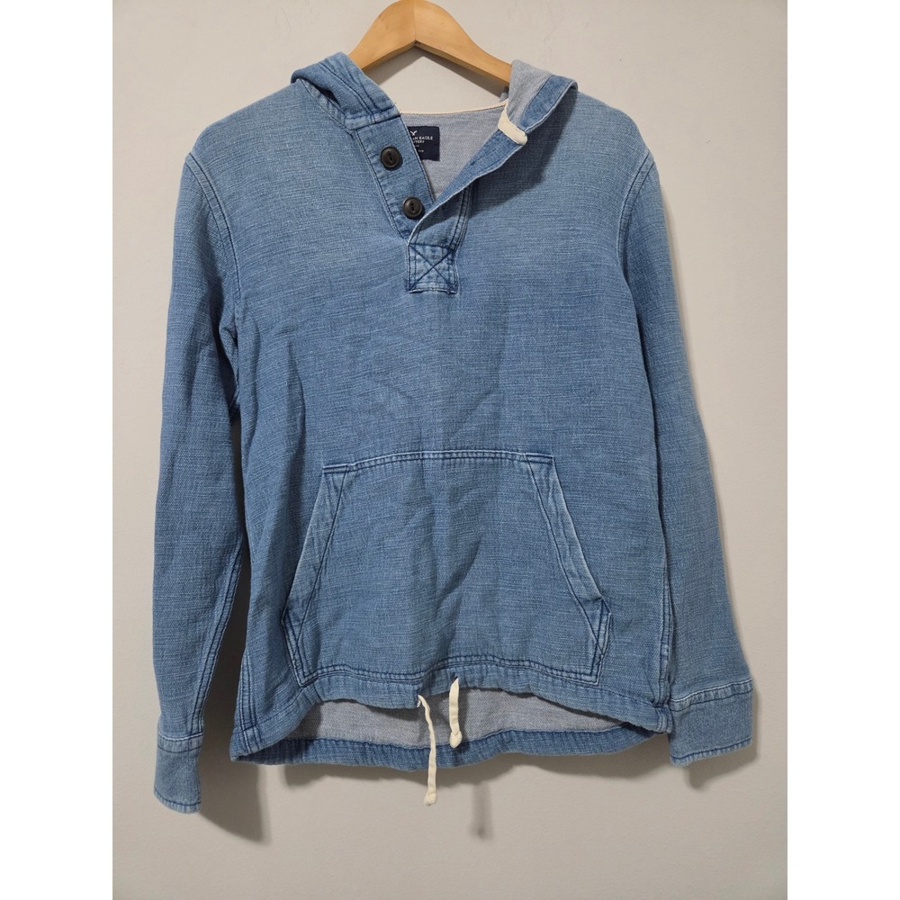 American Eagle Outfitters Blue Cotton Henley Hoodie Pullover Kangaroo Pocket XS